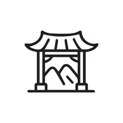 Elegant oriental pagoda entrance with scenic landscape silhouette illustration