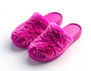 Pair of fluffy magenta slippers on white background