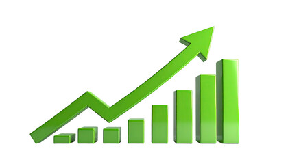 Green arrow ascending over bar graph, on black background