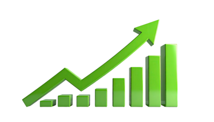 Green arrow ascending over bar graph, on black background