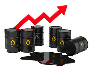 Black oil barrels arranged in ascending order with a red upward-pointing arrow overlayed, signaling growth