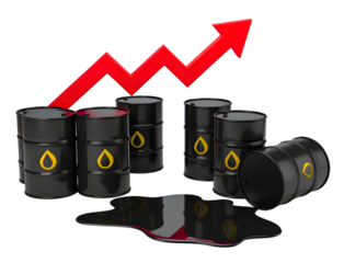 Black oil barrels arranged in ascending order with a red upward-pointing arrow overlayed, signaling growth