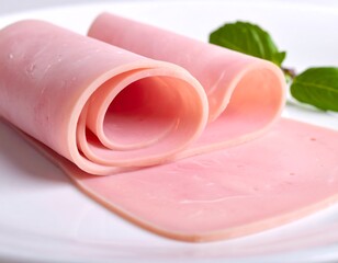 Close-up of sliced, rolled ham on a white plate with green garnish