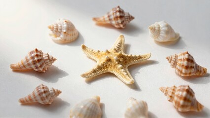Starfish and seashells on white surface