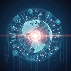 Digital Globe with Glowing Connections and Data Streams.