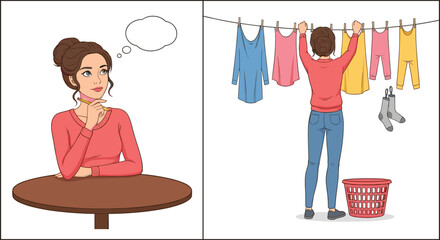 Set of Woman Character Doing Laundry and Thinking for Household Routine and Lifestyle Graphic Design.