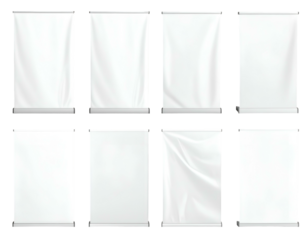 Eight white blank vertical banners on rollers, slightly textured, varying drapes