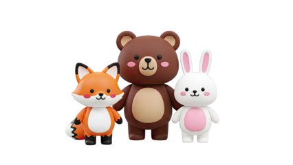 Cute 3D Fox, Bear, and Rabbit Trio