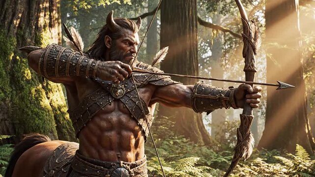 Powerful Centaur Archer with Bow and Arrow in Sunlit Fantasy Forest