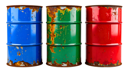 Old rusty metal oil barrel set isolated on white or transparent background