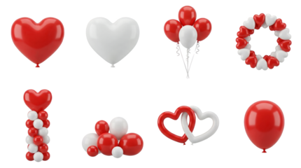 Red and white balloon set including heart shapes, round spheres, bouquets, and interlocking wedding rings isolated. Romantic celebration and party decoration collection.