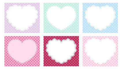 かわいいハートのレースフレームのベクターイラストセット。ドット、ラブリー