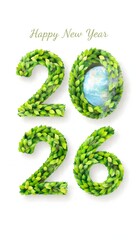 Happy New Year 2026 with green leaves and earth.