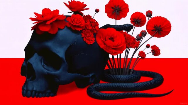 Two skulls with blooming red flowers and coiled snake form striking composition about love death and passionate gothic romance