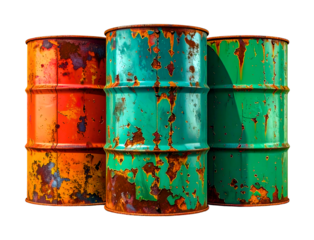Old rusty metal oil barrel set isolated on white or transparent background