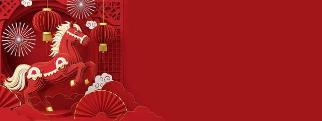 Deep Red Layered Papercraft Chinese Zodiac Horse with Gold Accents and Lanterns, a Festive Lunar New Year Banner for Cultural Promotions, Holiday Websites, and Seasonal Cards