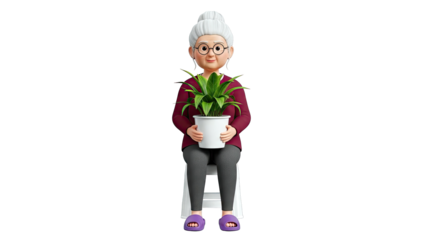 3D Animated Grandma Holding a Potted Plant