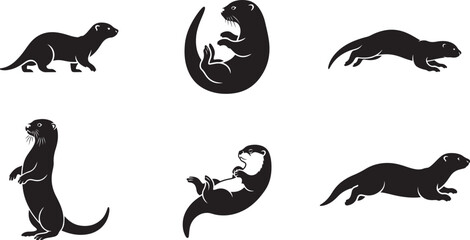 Obraz premium Otter Silhouette Set: Playful Semi-Aquatic Mammals in Swimming and Standing Poses for River Design , Generative Ai