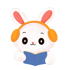 Illustration of Rabbit Reading Book with Headphones