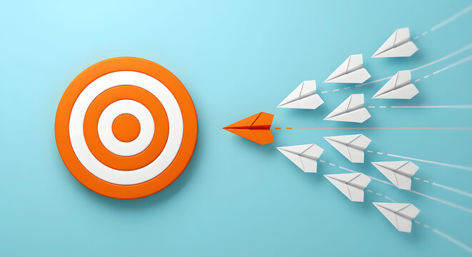 orange paper plane leading a fleet of white planes toward a bullseye target representing business leadership teamwork and corporate goal achievement on a blue background