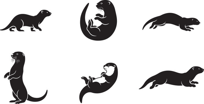 Otter Silhouette Set: Playful Semi-Aquatic Mammals in Swimming and Standing Poses for River Design , Generative Ai