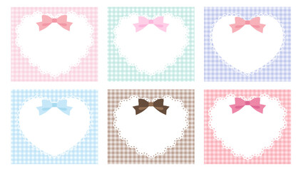 リボンがついたかわいいハートのレースフレームのベクターイラストセット。ギンガムチェック