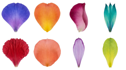 Colorful flower petal set including various shapes, textures, and species isolated. Botanical collection for floral design and nature patterns.