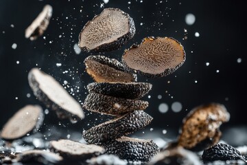 Slices of Black Winter Truffle levitate in mid-air, showcasing their intricate textures against a dark background, creating a mesmerizing culinary moment