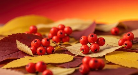 Autumnal harmony: close-up of vibrant rowan berries and fallen foliage