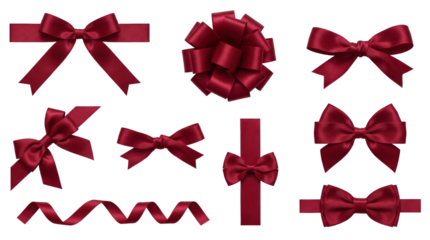 Red satin ribbon set including bows, loops, knots, and wavy curled elements isolated. Decorative gift wrap and festive ornament collection.