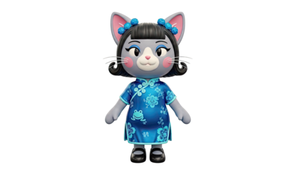 3D Cartoon Cat Character in Blue Floral Dress