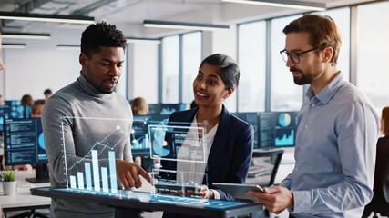 Diverse Business Team Analyzing Data with Futuristic Holographic Projections in Modern Tech Office - Powered by Adobe