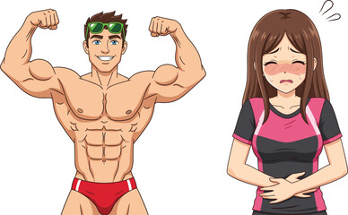 Strong Bodybuilder Man Flexing Muscles with Shy Blushing Woman Characters for Fitness and Comic Graphic Design.