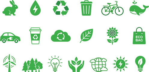 Green eco lifestyle icon set with recycling, renewable energy, nature, electric transport, sustainability symbols for environmental design