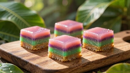 Colorful layered desserts on wooden board with green foliage