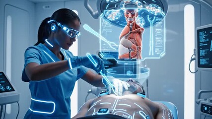Futuristic Surgeon Uses AR Glasses & Holographic Display for Advanced Medical Procedure in High-Tech Operating Room - Powered by Adobe