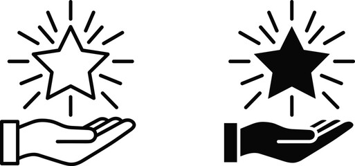 Star reward hand icon outline and solid style symbol for rating, achievement, success, bonus, quality feedback, appreciation concept design vector