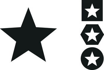 Star icon set, black and white symbols, geometric shapes, square hexagon circle badges, minimal UI design elements