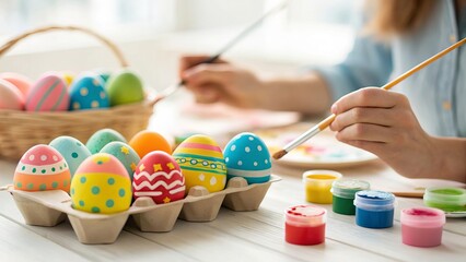 Easter eggs preparation. Colorful Easter eggs being painted, creative hands, festive preparation