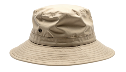 Tan bucket hat with wide brim, side air vent, isolated on black