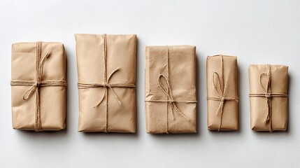 Five brown paper packages tied with twine, arranged in decreasing size on a white surface