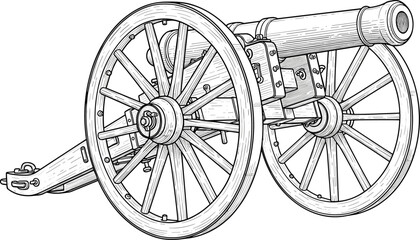 Black and white line of a historical cannon with wooden wheels artillery military
