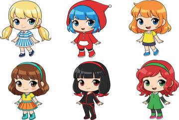 Set of Cute Chibi Girl Characters with Different Hair Colors and Outfits for Kids and Anime Graphic Design.