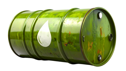 Olive green oil barrel with drop symbol isolated PNG, industrial container for petroleum products on transparent background