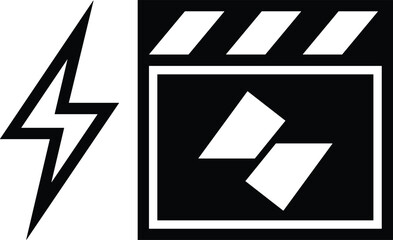 Energy lightning bolt and video editor icon set, power flash symbol and media editing interface isolated on white