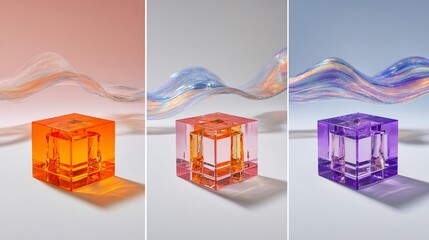 Three vibrant, translucent cubes with internal structures, each beneath a flowing, iridescent strand