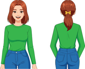 Character Model Sheet of a Young Woman in Green Top and Jeans Showing Front and Back View for Animation Design.
