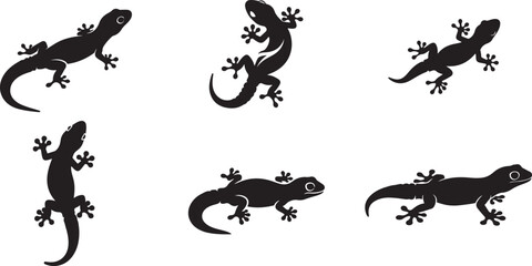 Fototapeta premium Gecko Silhouette Set Featuring Various Species from Top and Side Views, Reptile Wildlife Vector Illustrations for Wall Art and Graphic Design , Generative Ai