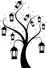Ramadan lanterns tree with stars silhouette vector illustration isolated on transparent background