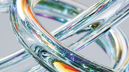 Close-up of intertwined, iridescent, fluid-like tubular structures reflecting light